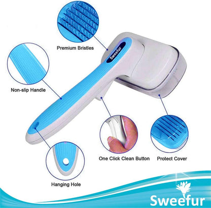 Automatic Pet Hair Removal Comb, Self-Cleaning Slicker Brush for Dogs & Cats- Grooming Shedding Brush for Small, Medium and Large Dogs and Cats- Pet Hair Brush with Soft Grip Handle- Blue